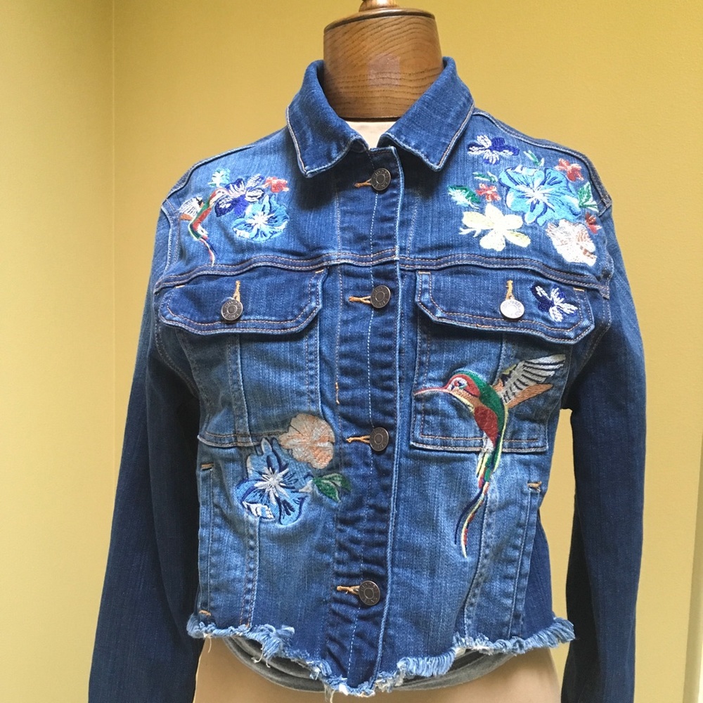 Hidden Jeans Cropped Raw Embroidered Denim Jacket